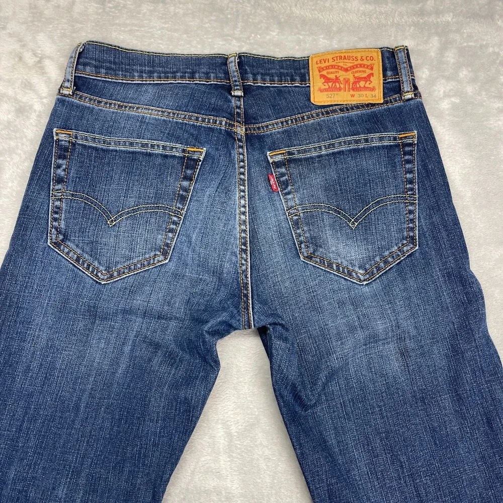 Levi's Jeans Mens 30x34 Blue Denim Whiskered Faded Stretch 527 Slim Bootcut Leg